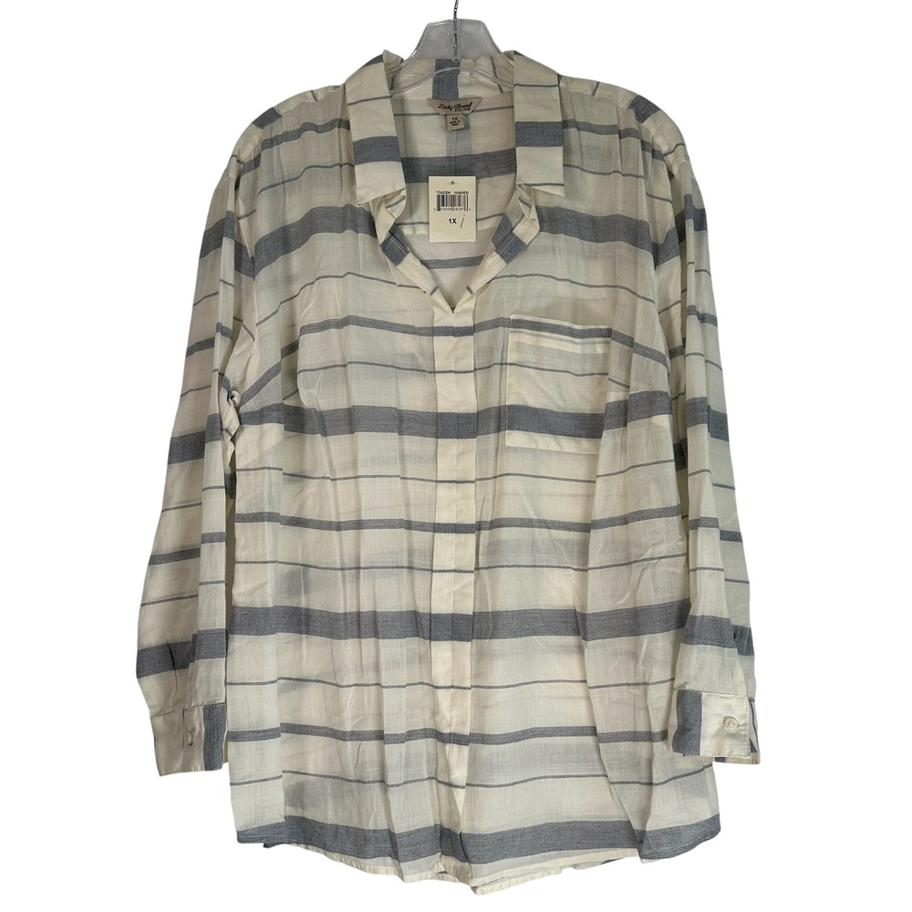 Lucky Brand Womens 1X Striped Cotton Gauze Button Down Shirt Navy Cream